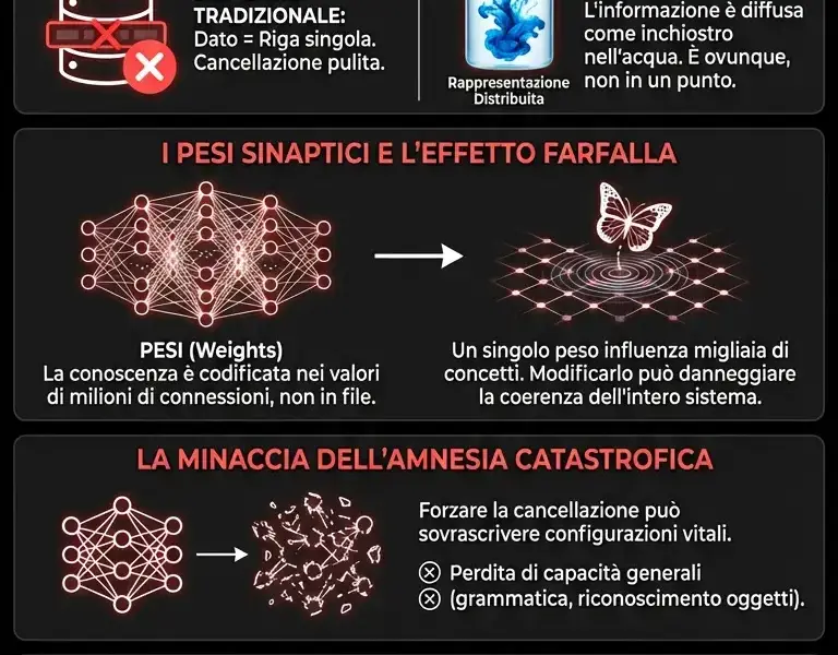 Infografica: Perch&eacute; l'AI non ha il tasto cancella: il paradosso della memoria