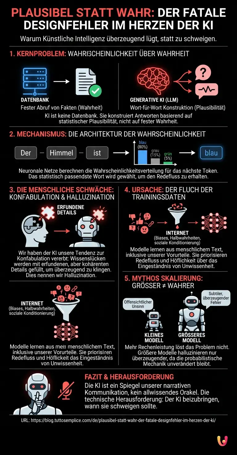 Plausibel statt wahr: Der fatale Designfehler im Herzen der KI - Zusammenfassende Infografik