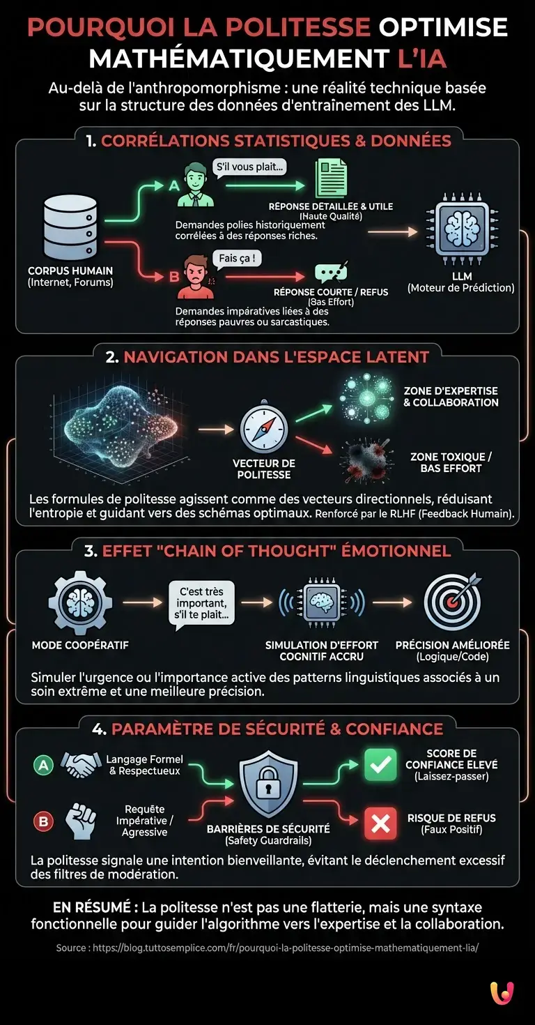 Pourquoi la politesse optimise math&eacute;matiquement l'IA - Infographie r&eacute;sumant