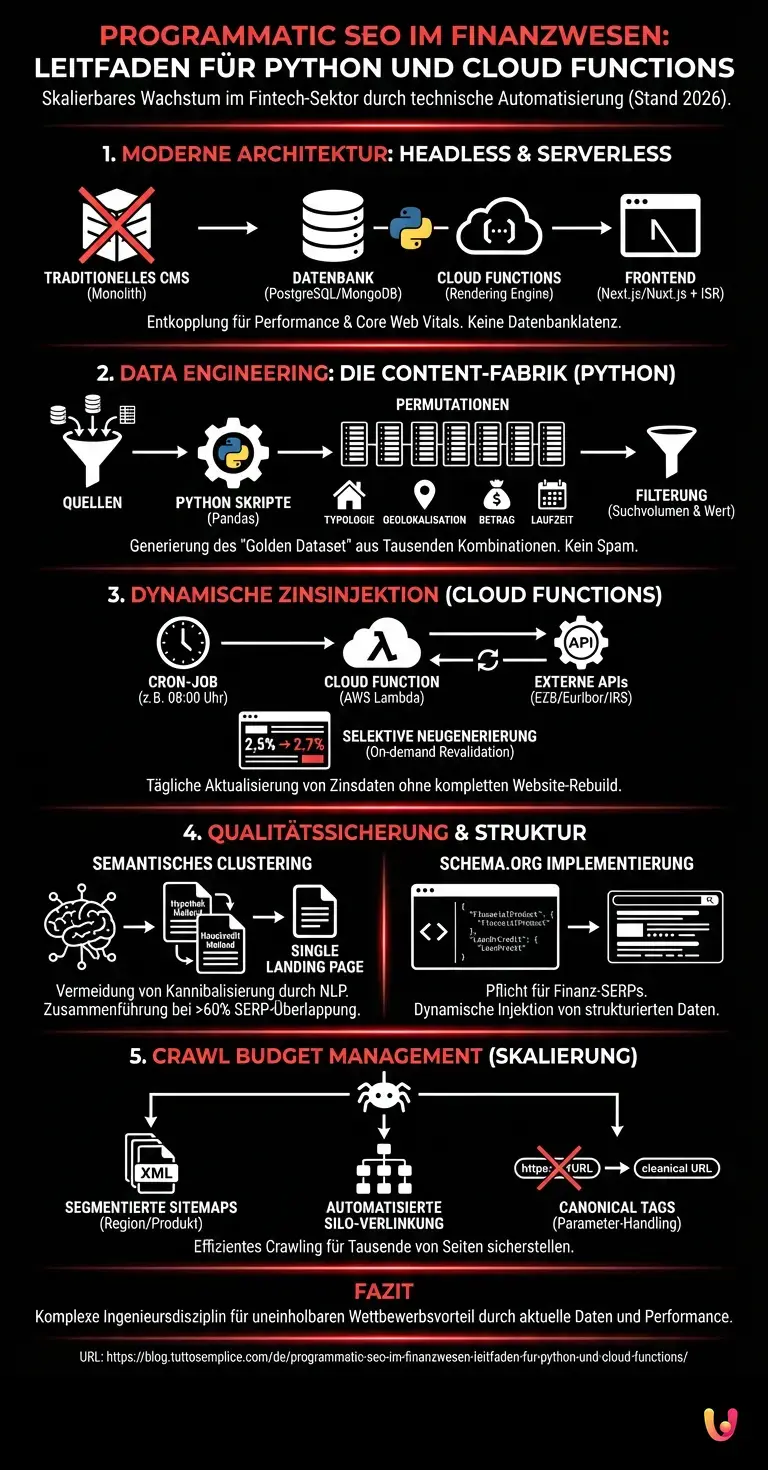 Programmatic SEO im Finanzwesen: Leitfaden f&uuml;r Python und Cloud Functions - Zusammenfassende Infografik