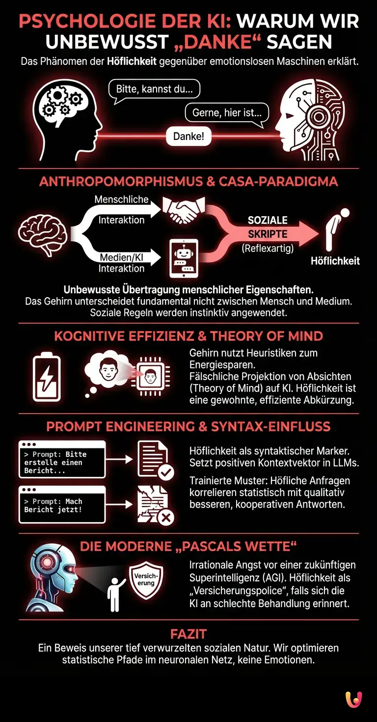 Psychologie der KI: Warum wir unbewusst „Danke“ sagen - Zusammenfassende Infografik