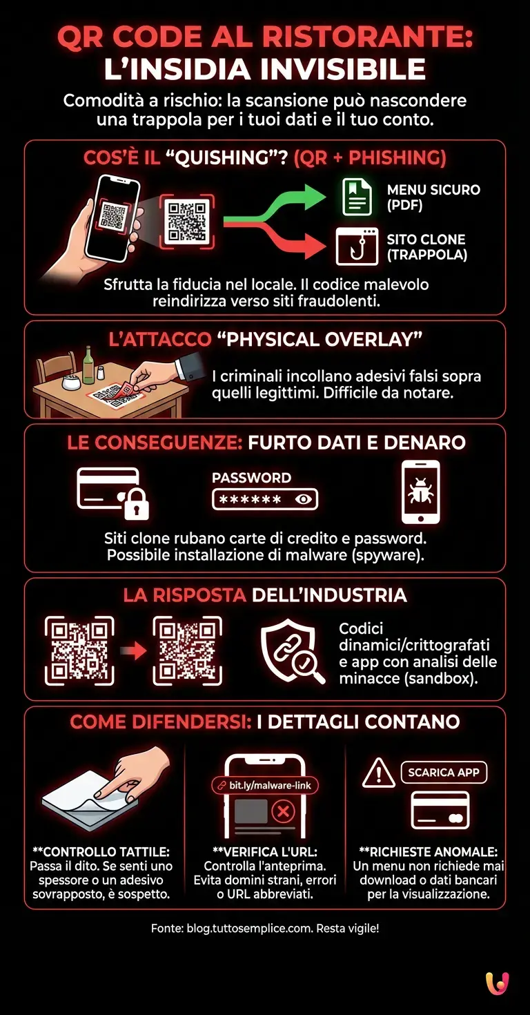 QR Code al ristorante: l'insidia invisibile che ti svuota il conto - Infografica riassuntiva