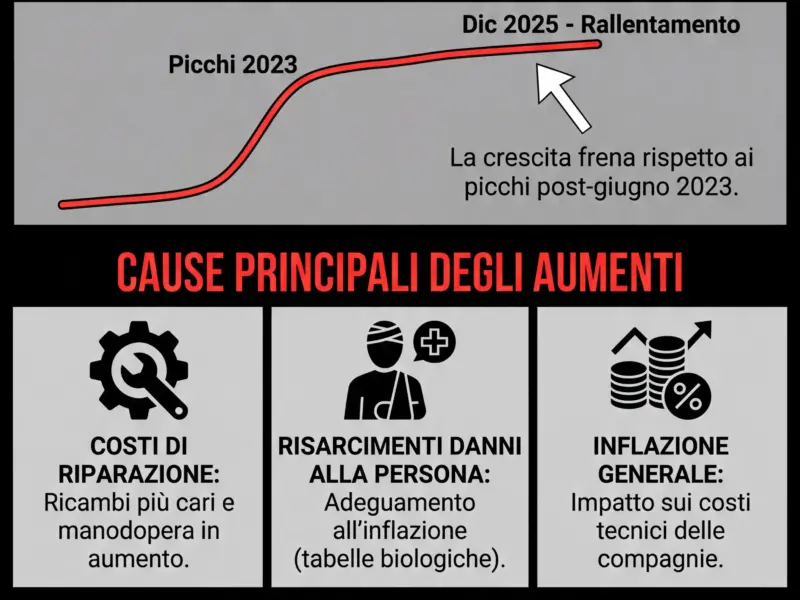 Infografica: RCA, a dicembre premio medio a 387 euro: rincari al +3,5% ma la corsa rallenta