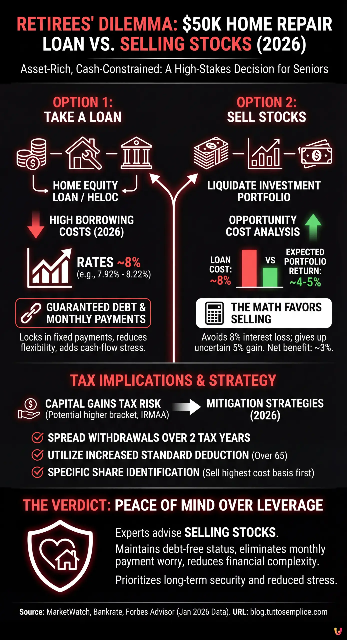 Retirees Face Dilemma: $50K Home Repair Loan vs. Selling Stocks in 2026 - Summary Infographic