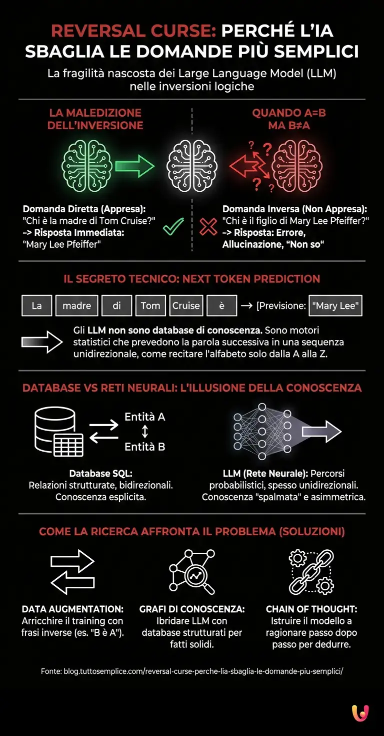 Reversal Curse: perché l'IA sbaglia le domande più semplici - Infografica riassuntiva