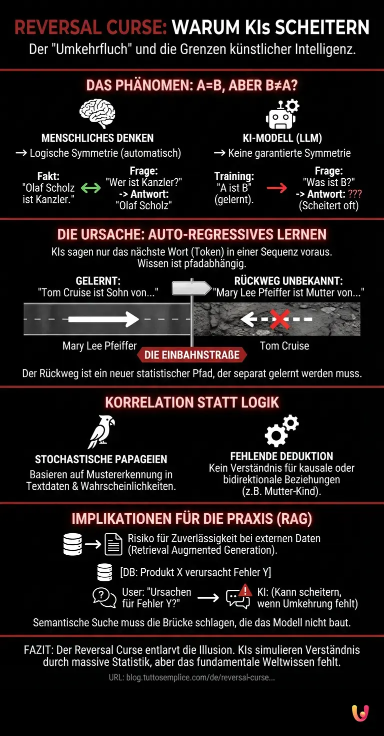 Reversal Curse: Warum KIs an dieser simplen Umkehrung scheitern - Zusammenfassende Infografik