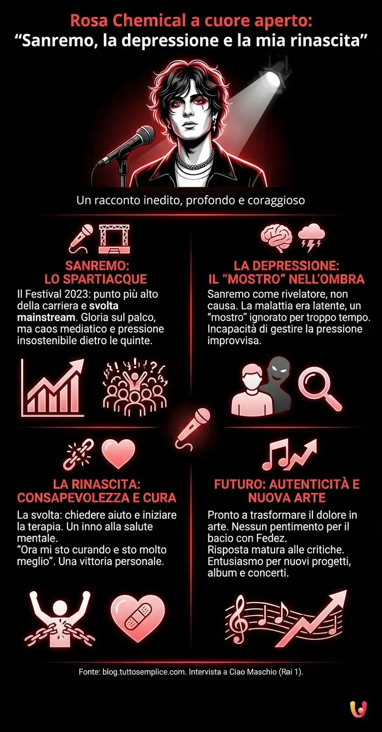 Rosa Chemical a cuore aperto: "Sanremo, la depressione e la mia rinascita" - Infografica riassuntiva
