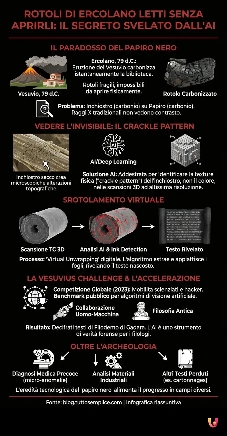 Rotoli di Ercolano letti senza aprirli: il segreto svelato dall'AI - Infografica riassuntiva