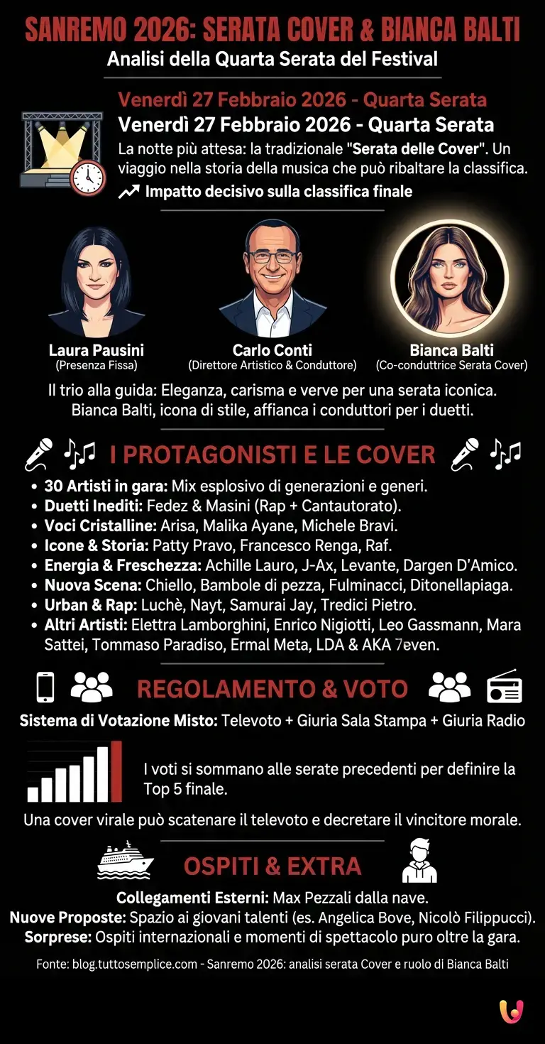 Sanremo 2026: analisi serata Cover e ruolo di Bianca Balti - Infografica riassuntiva