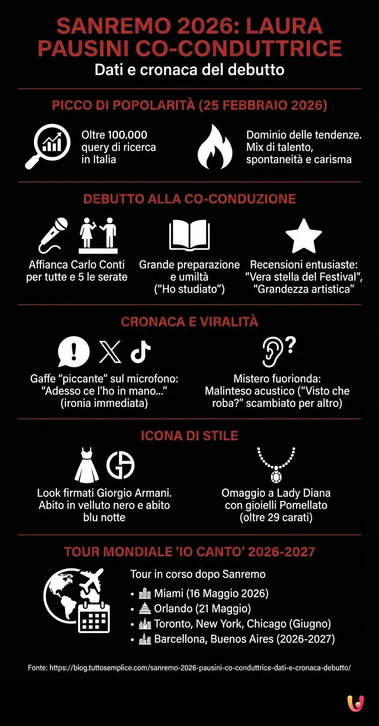 Sanremo 2026: Pausini co-conduttrice, dati e cronaca debutto - Infografica riassuntiva