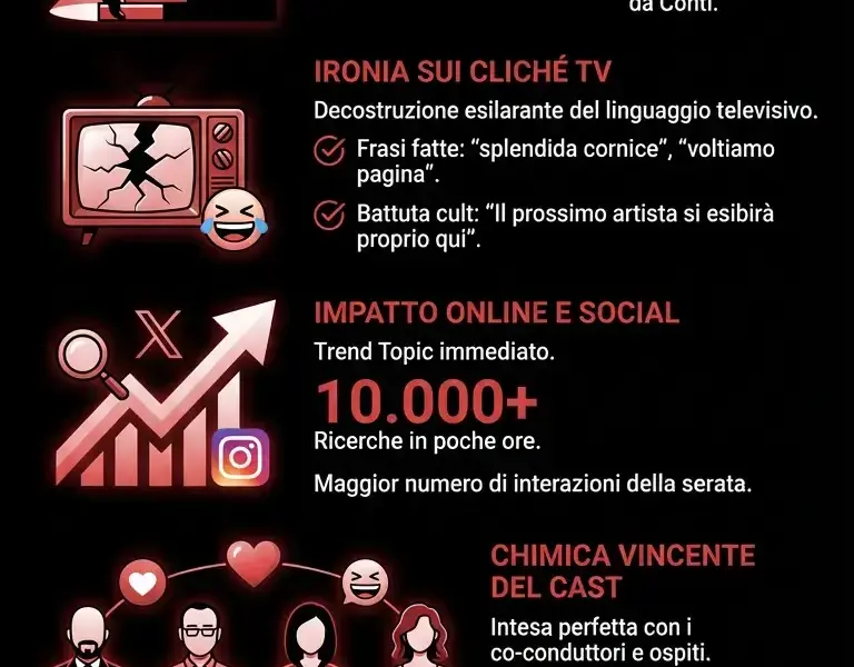 Infografica: Sanremo 2026: performance di Lillo e analisi del trend online
