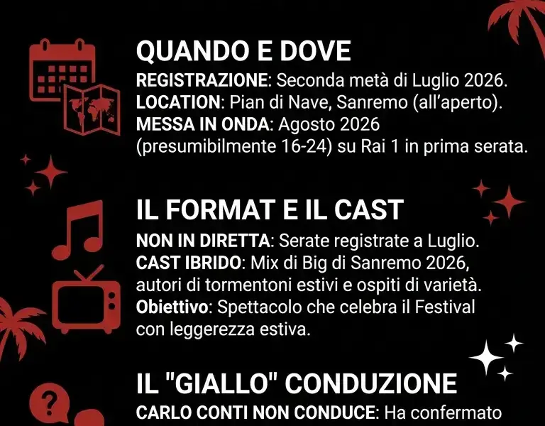 Infografica: Sanremo Estate 2026: riattivazione format e piano di produzione