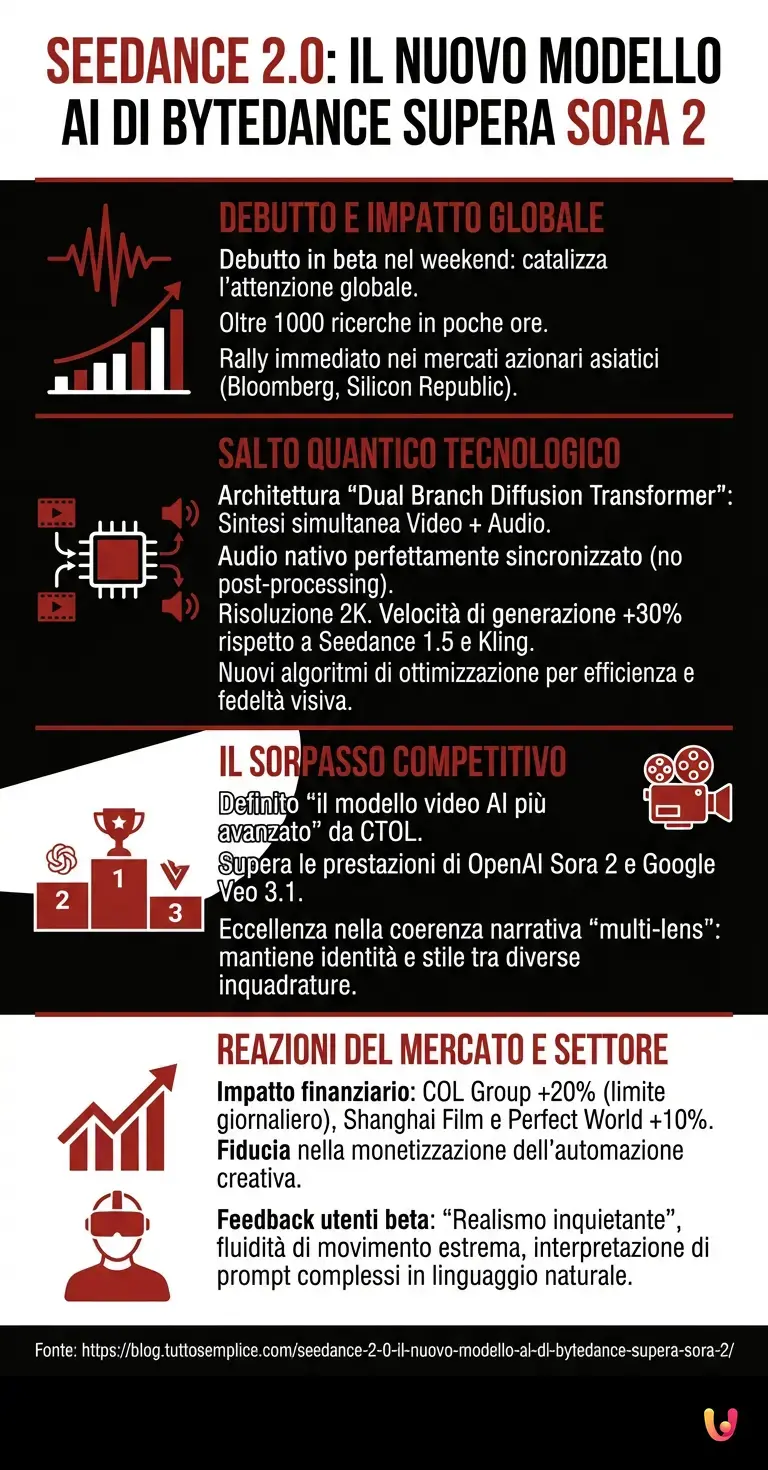 Seedance 2.0: il nuovo modello AI di ByteDance supera Sora 2 - Infografica riassuntiva