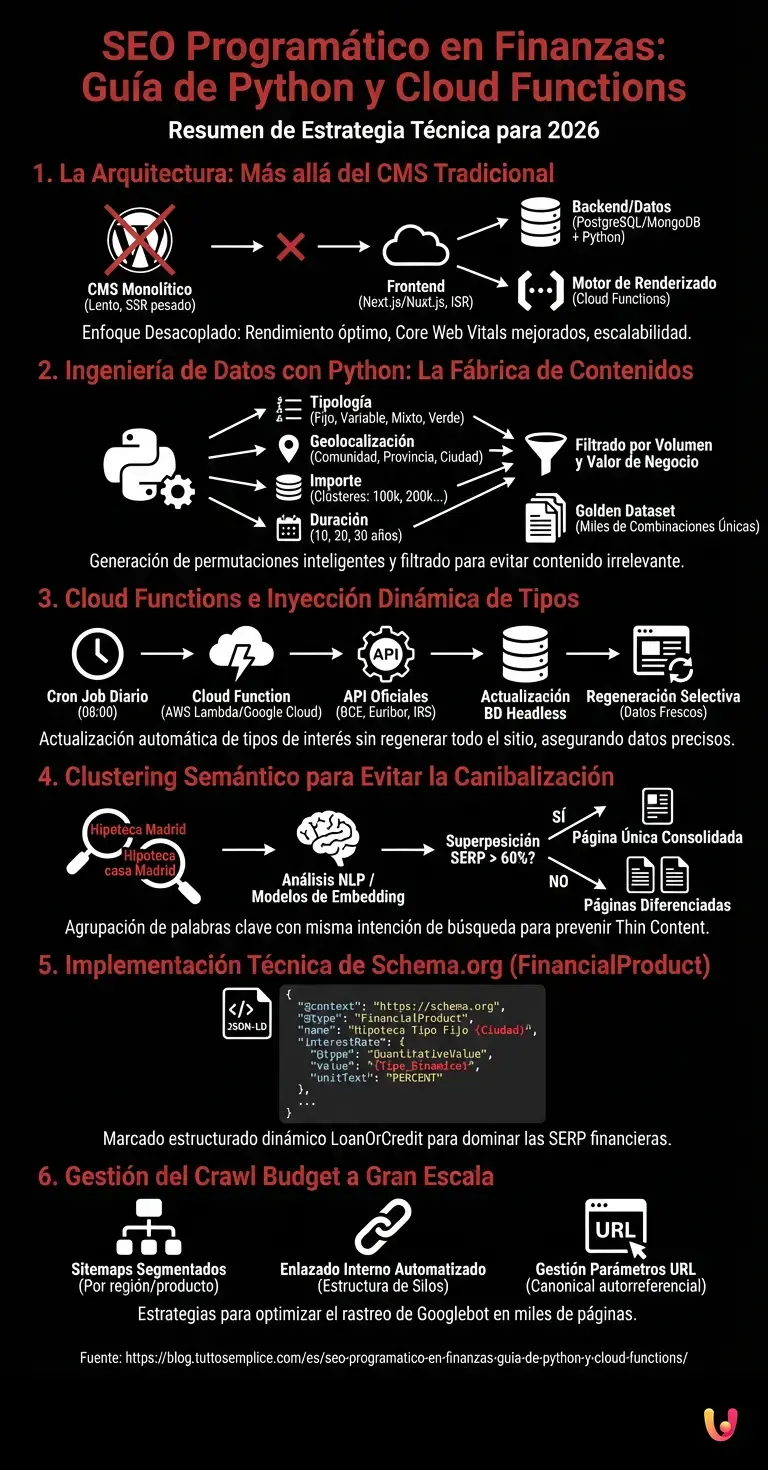 SEO Programático en Finanzas: Guía de Python y Cloud Functions - Infografía resumen