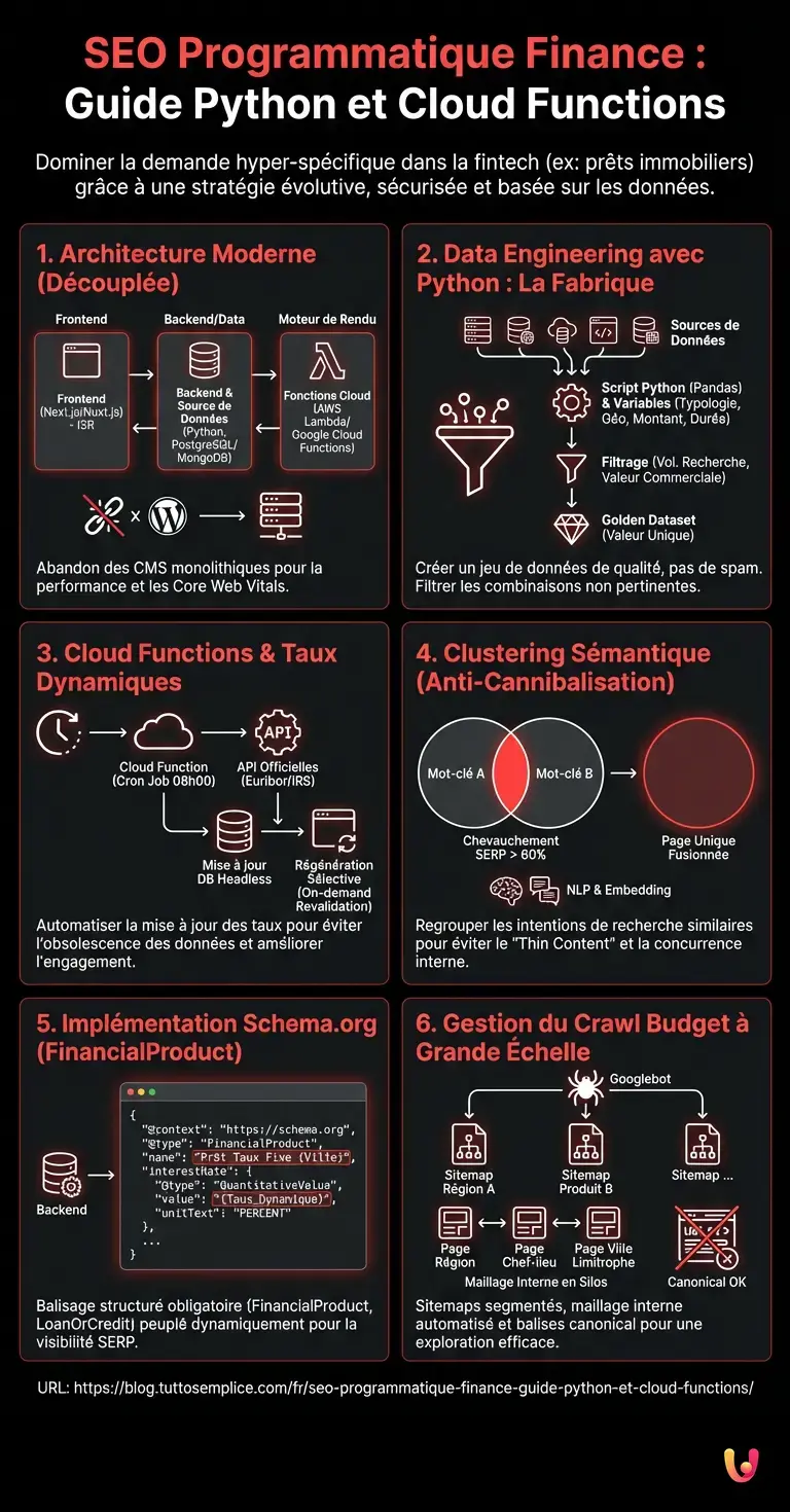 SEO Programmatique Finance : Guide Python et Cloud Functions - Infographie r&eacute;sumant