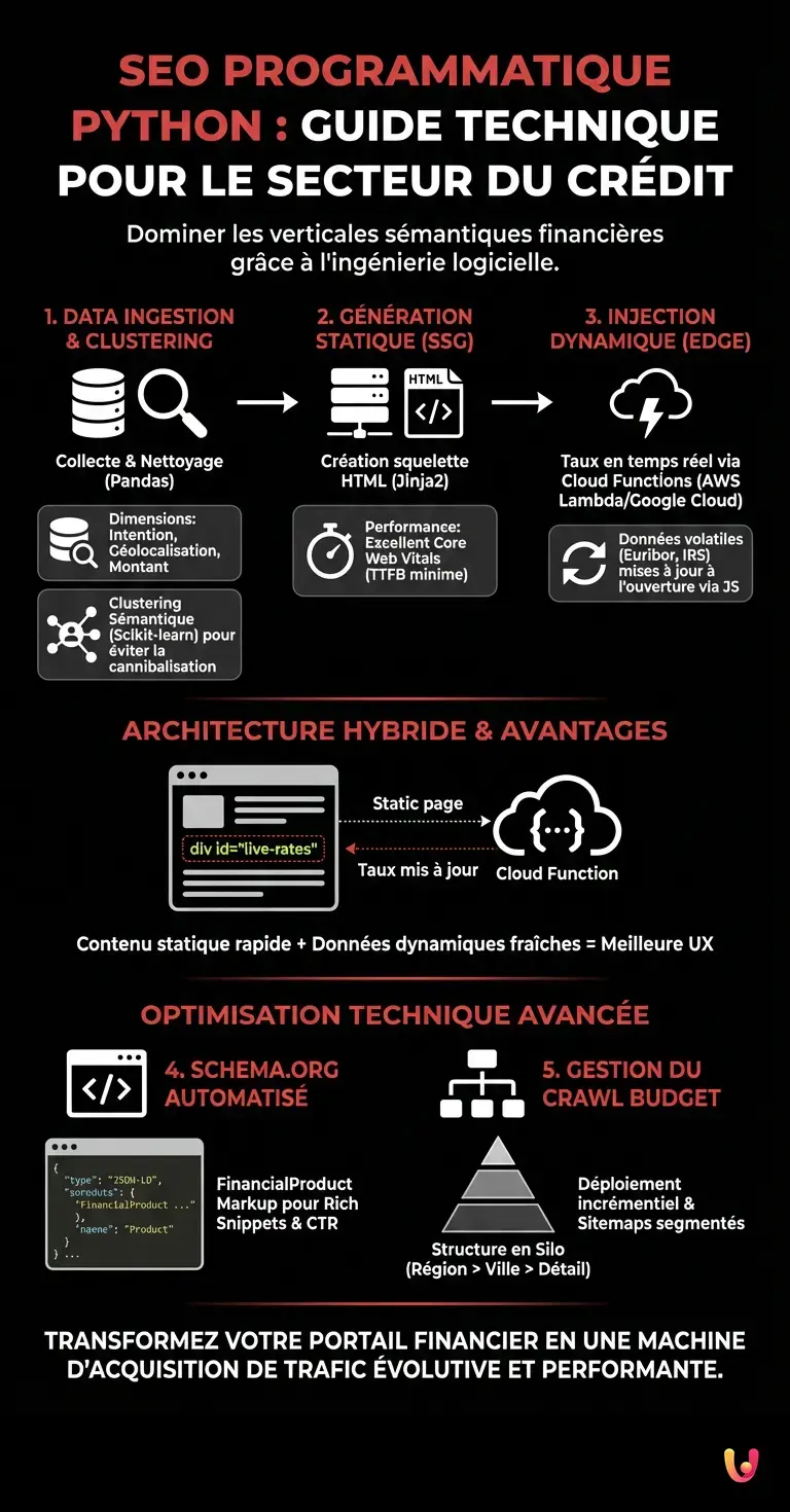 SEO Programmatique Python : Guide Technique pour le Secteur du Cr&eacute;dit - Infographie r&eacute;sumant