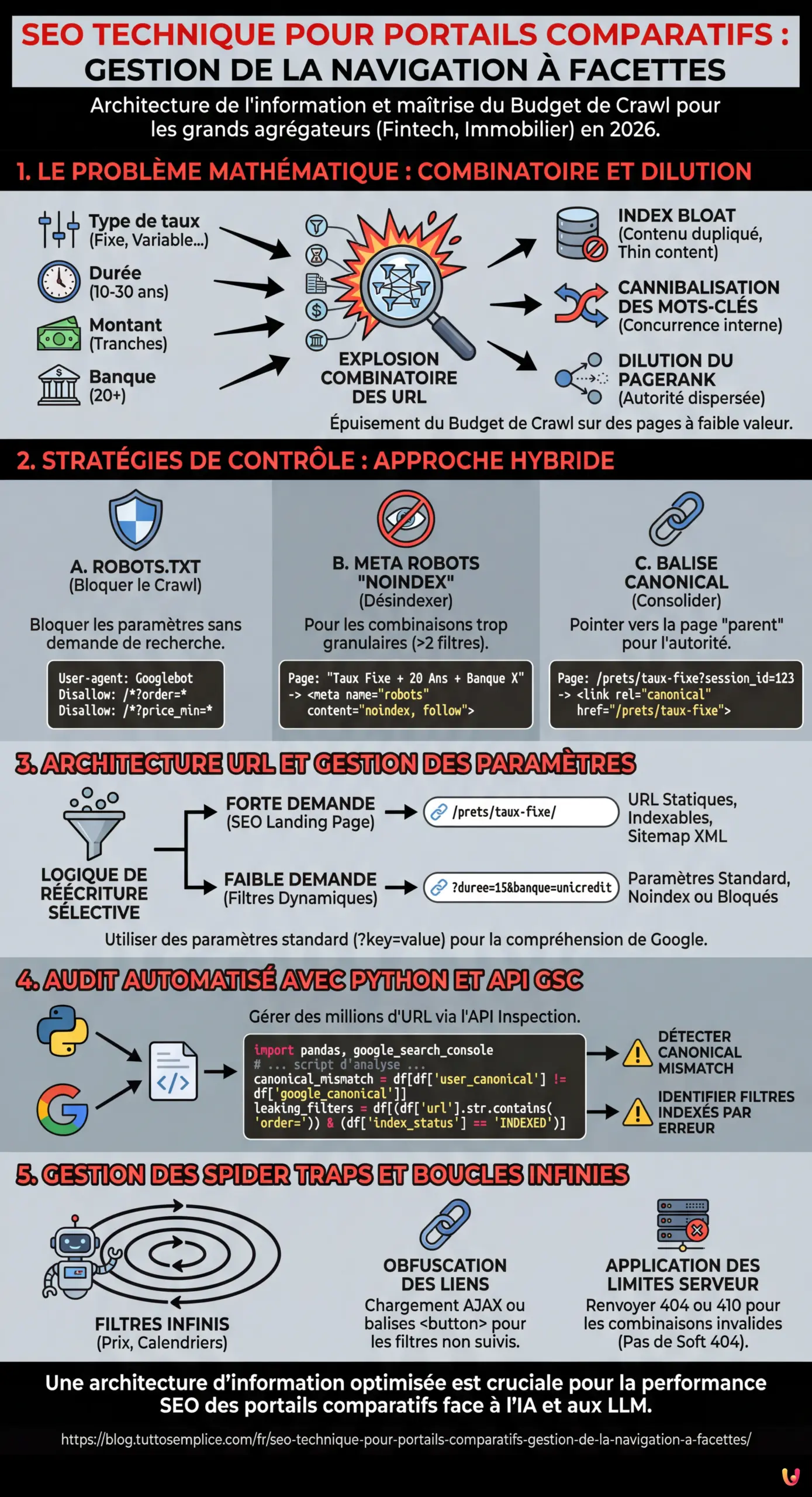 SEO Technique pour Portails Comparatifs : Gestion de la Navigation &agrave; Facettes - Infographie r&eacute;sumant