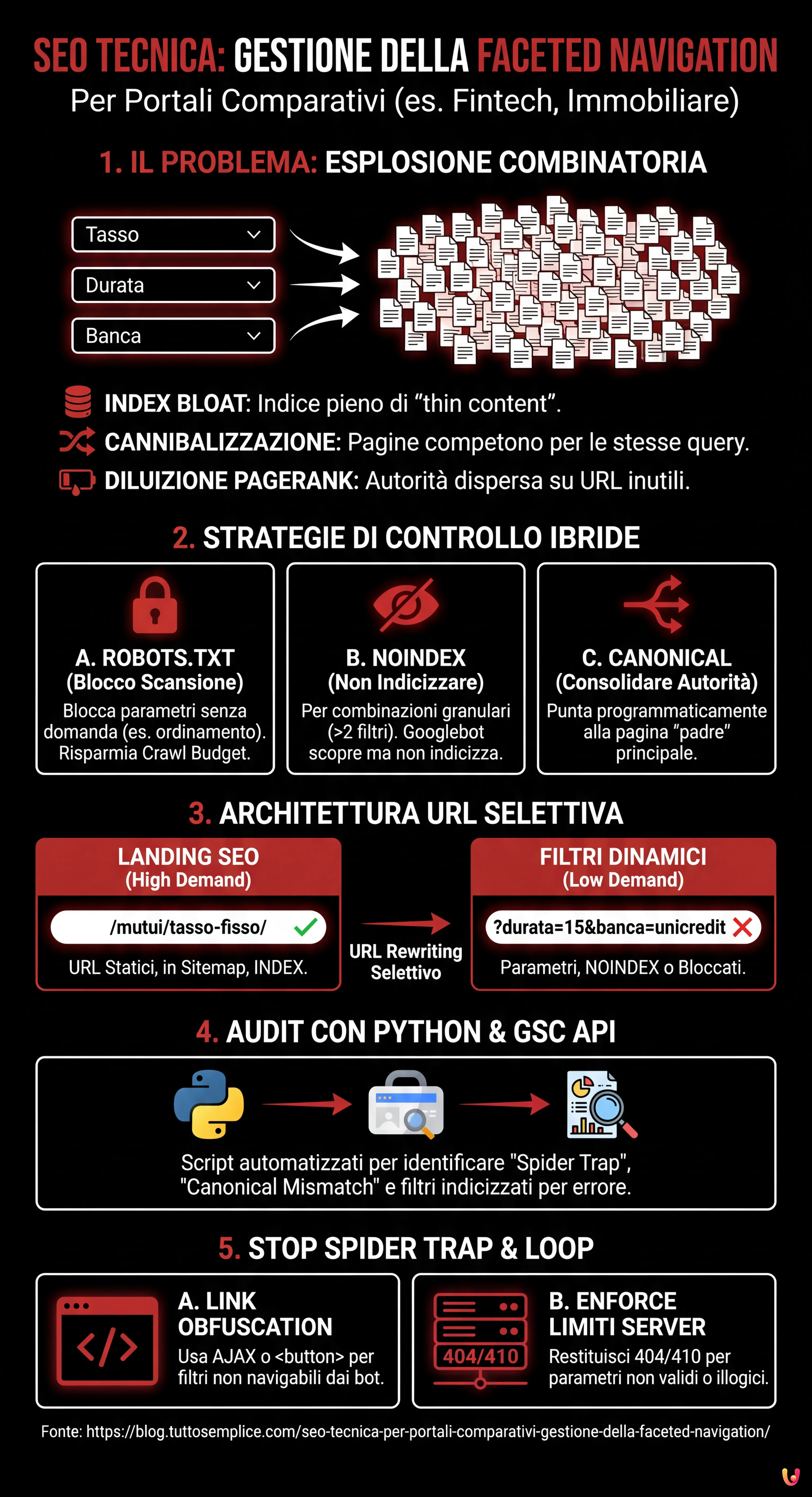 SEO Tecnica per Portali Comparativi: Gestione della Faceted Navigation - Infografica riassuntiva