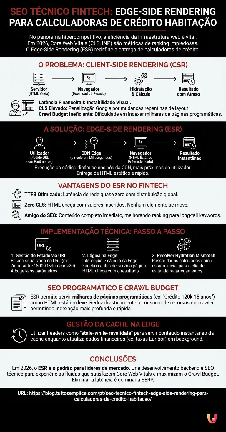 SEO Técnico Fintech: Edge-Side Rendering para Calculadoras de Crédito Habitação - Infográfico resumido
