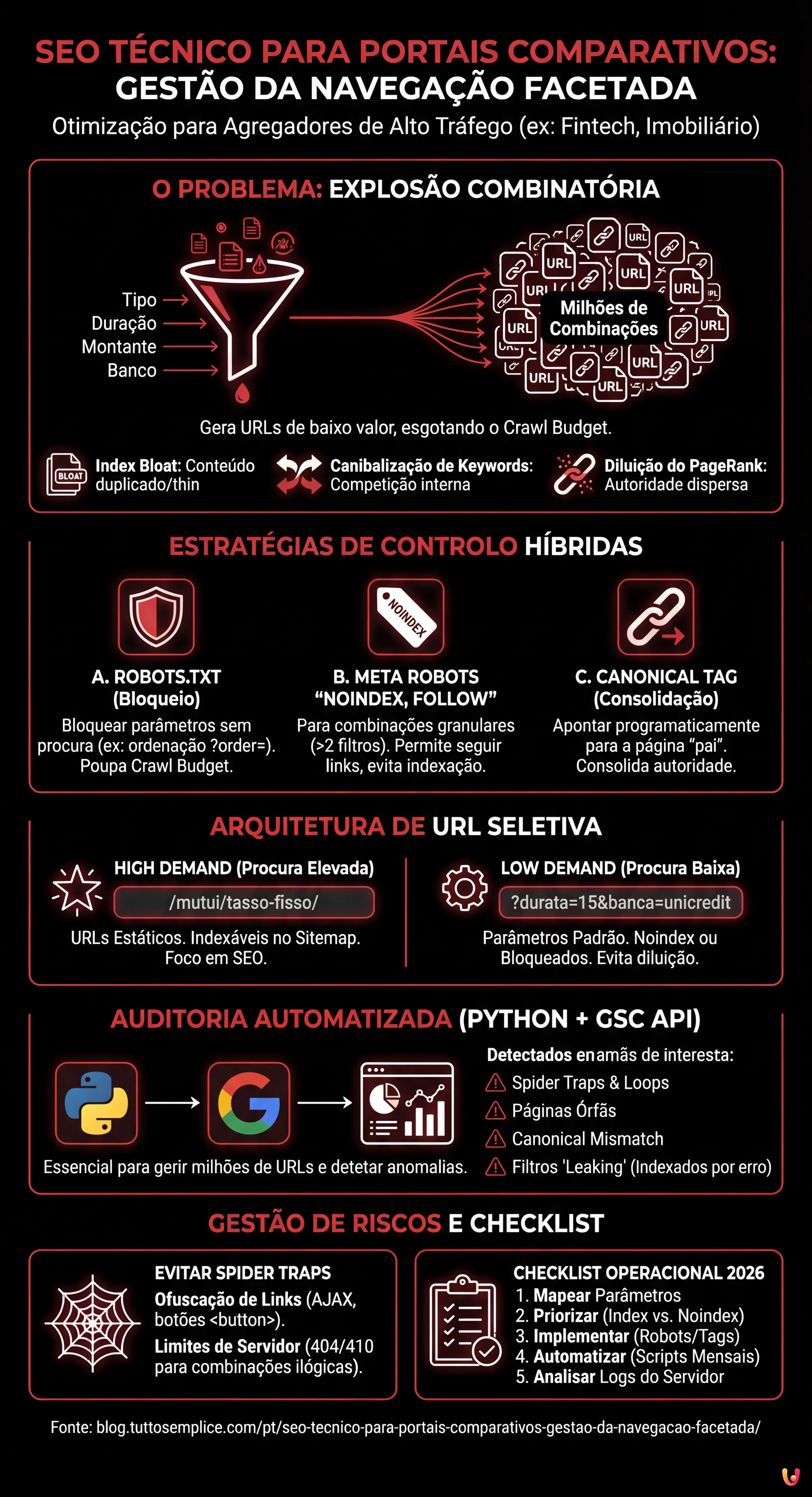 SEO Técnico para Portais Comparativos: Gestão da Navegação Facetada - Infográfico resumido
