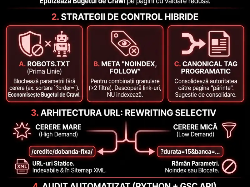 Infografica: SEO Tehnic pentru Portaluri Comparative: Gestionarea Navigării Fațetate