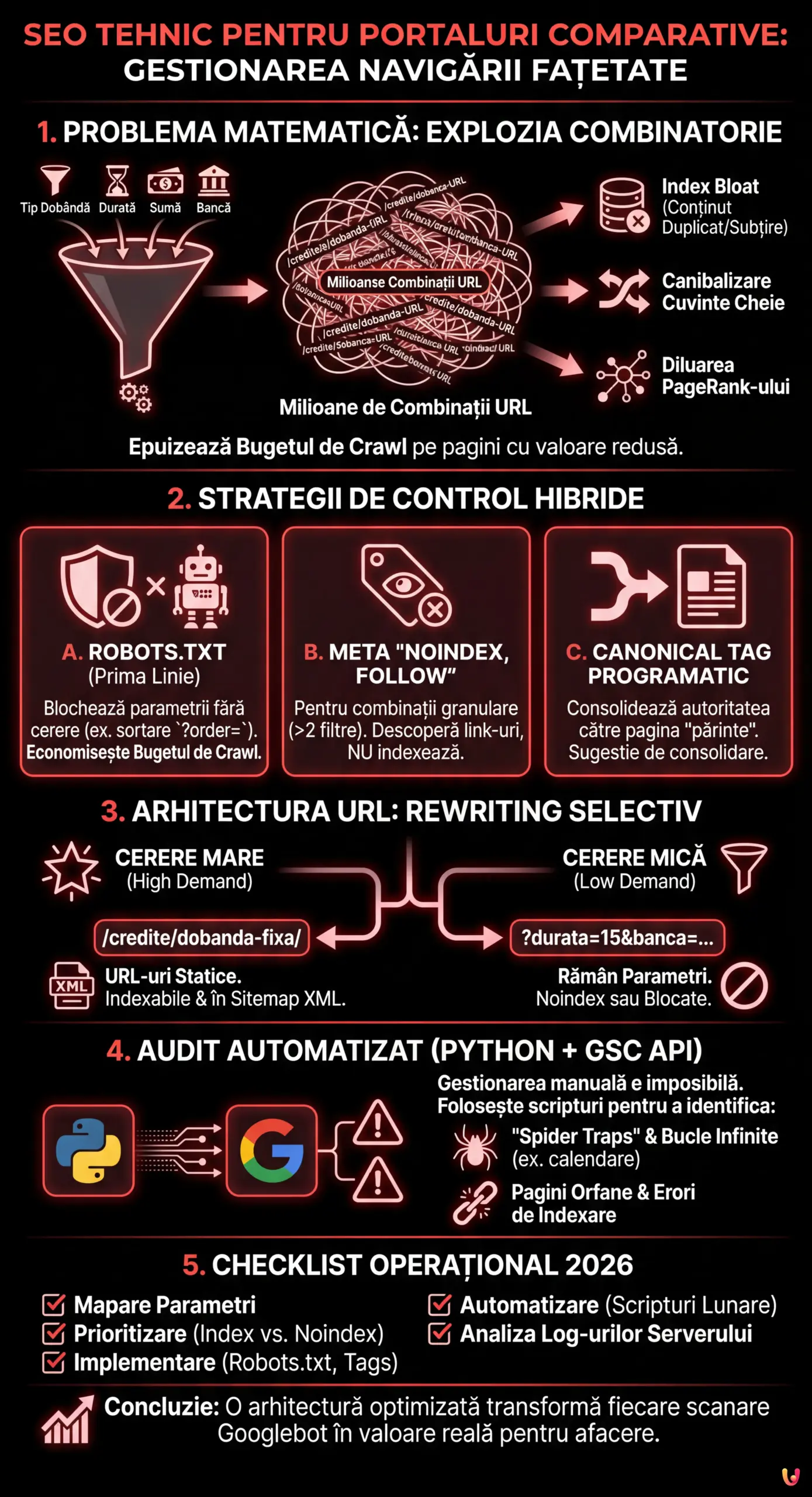 SEO Tehnic pentru Portaluri Comparative: Gestionarea Navigării Fațetate - Infografic rezumativ