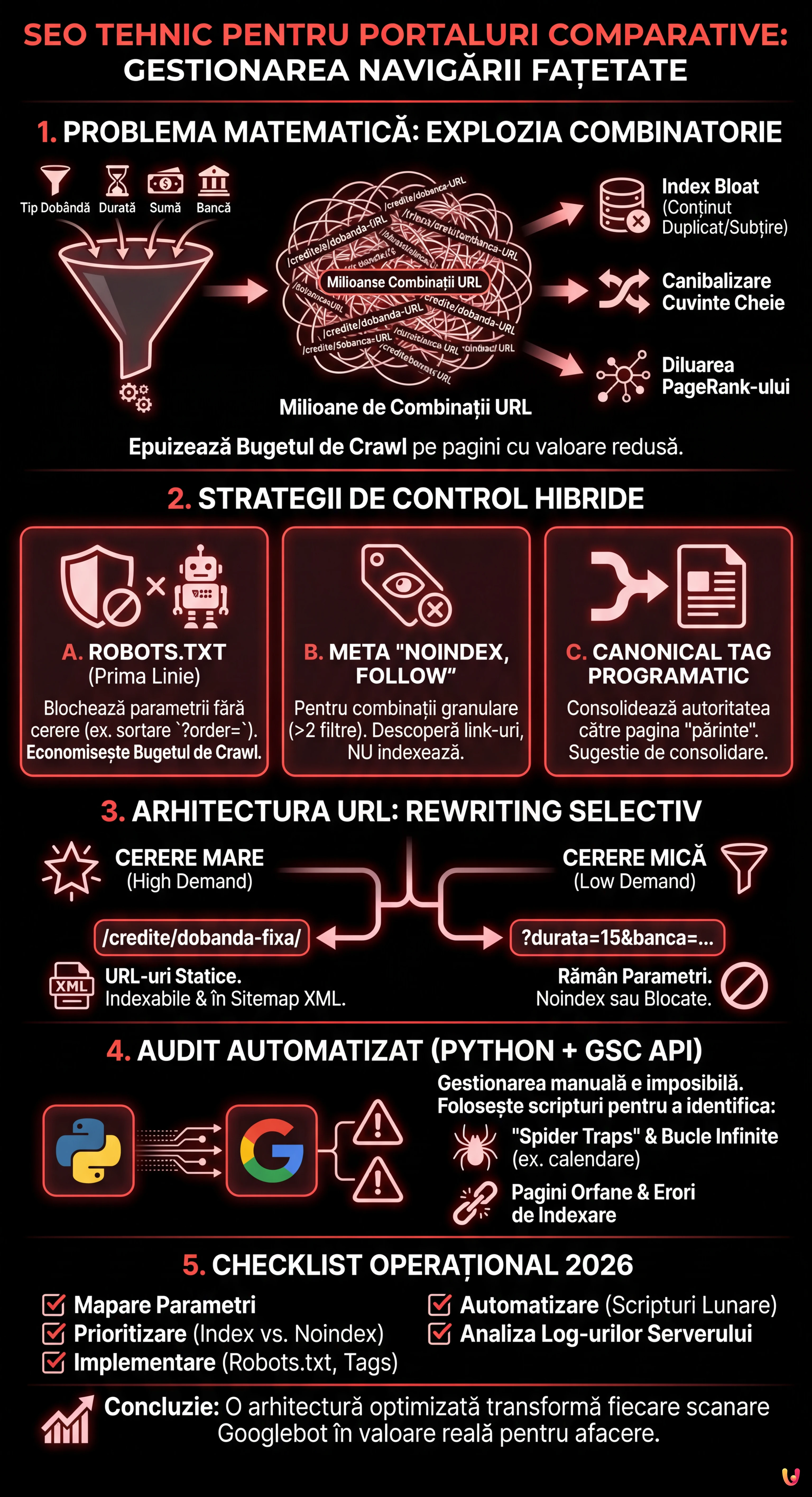 SEO Tehnic pentru Portaluri Comparative: Gestionarea Navigării Fațetate - Infografic rezumativ