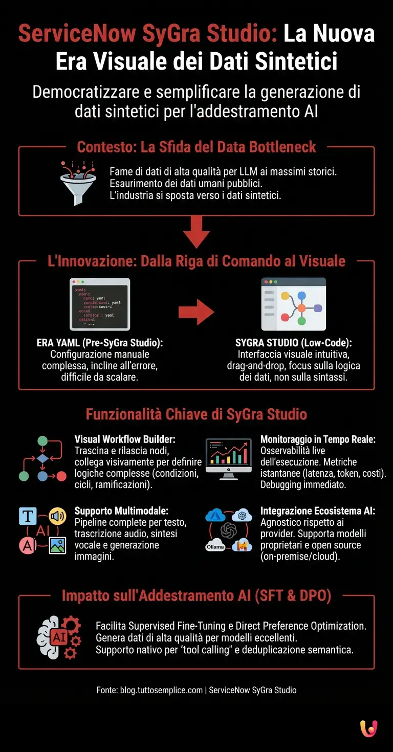 ServiceNow SyGra Studio: La Nuova Era Visuale dei Dati Sintetici - Infografica riassuntiva
