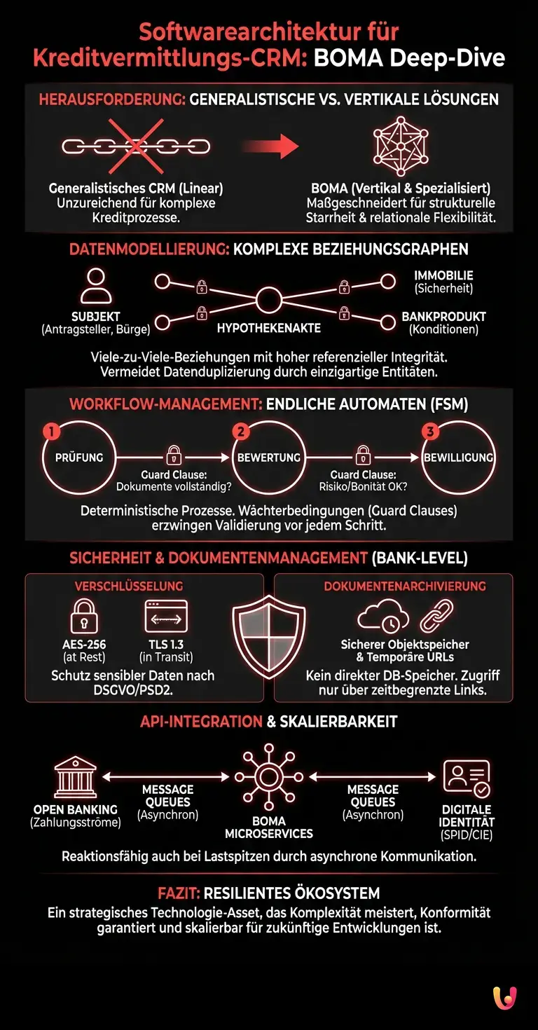 Softwarearchitektur f&uuml;r Kreditvermittlungs-CRM: BOMA Deep-Dive - Zusammenfassende Infografik