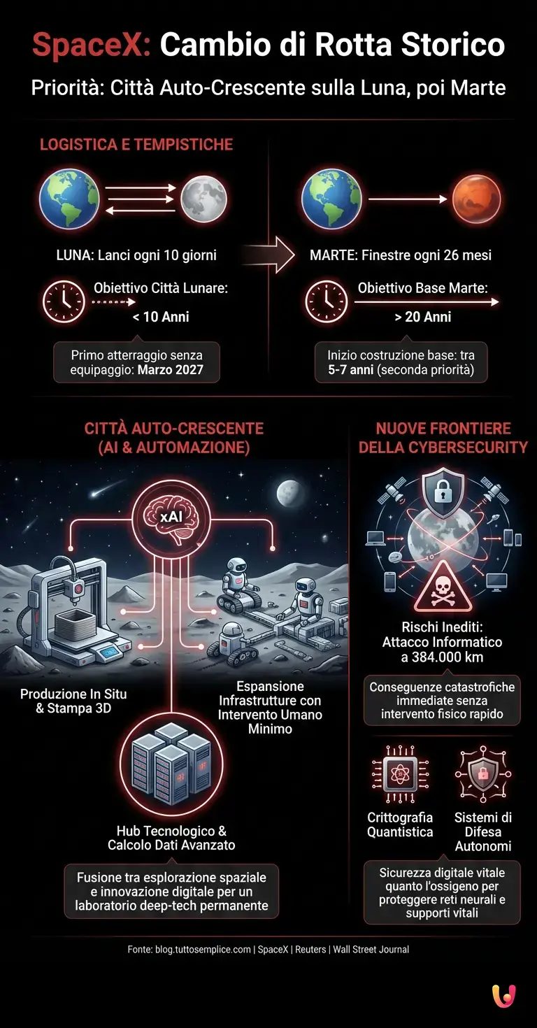 SpaceX cambia rotta: città auto-crescente sulla Luna prima di Marte - Infografica riassuntiva