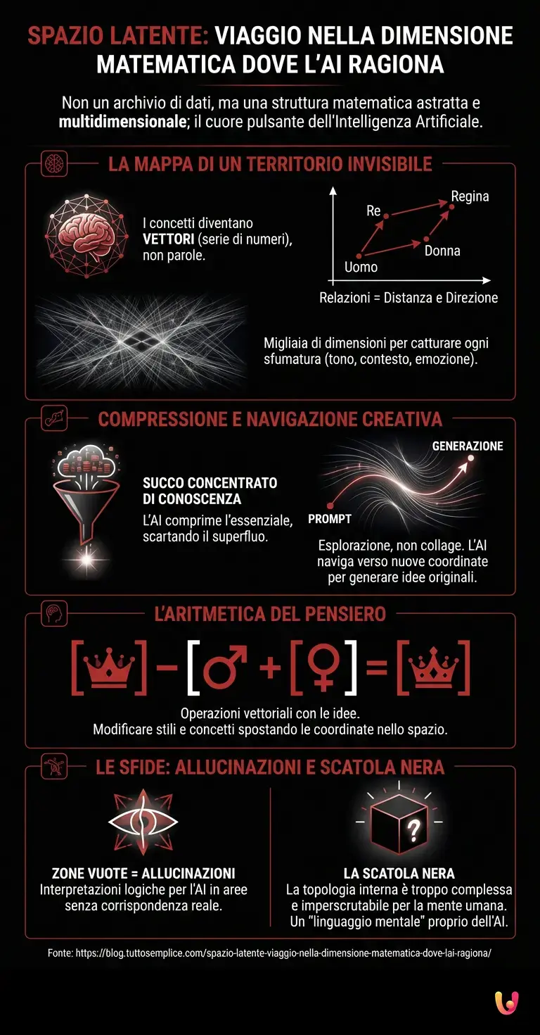 Spazio Latente: viaggio nella dimensione matematica dove l'AI ragiona - Infografica riassuntiva