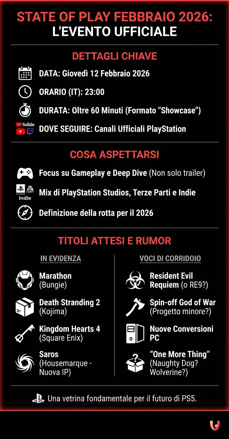 State of Play Febbraio 2026 ufficiale: data, orario e durata evento - Infografica riassuntiva