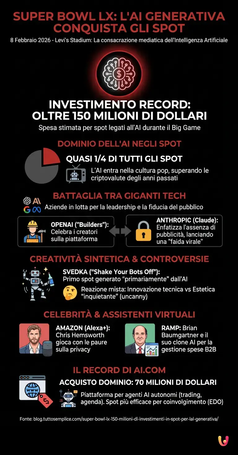 Super Bowl LX: 150 milioni di investimenti in spot per l'AI generativa - Infografica riassuntiva