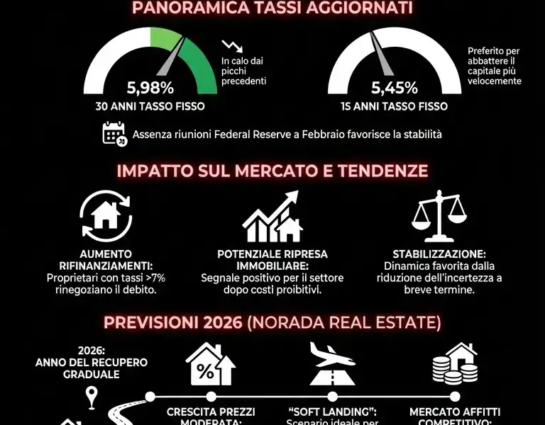 Infografica: Svolta Mutui USA: Tassi fissi al 5,98% e previsioni per il 2026