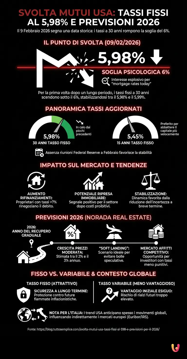 Svolta Mutui USA: Tassi fissi al 5,98% e previsioni per il 2026 - Infografica riassuntiva