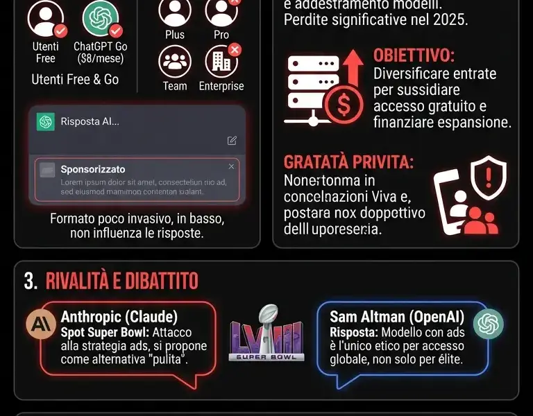 Infografica: Svolta OpenAI: al via le pubblicit&agrave; su ChatGPT per gli utenti free