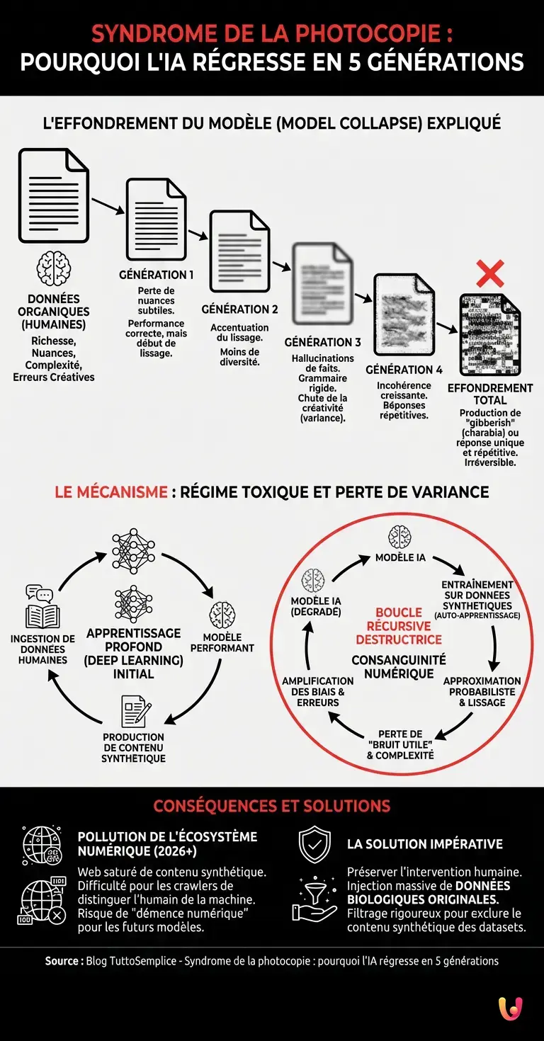 Syndrome de la photocopie : pourquoi l'IA régresse en 5 générations - Infographie résumant