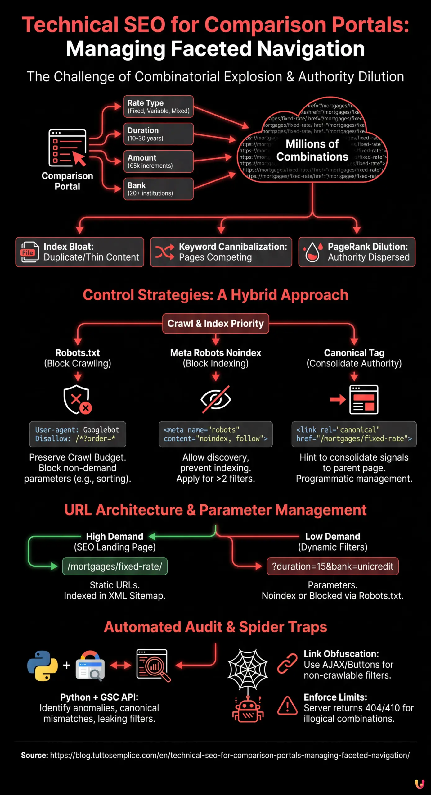Technical SEO for Comparison Portals: Managing Faceted Navigation - Summary Infographic