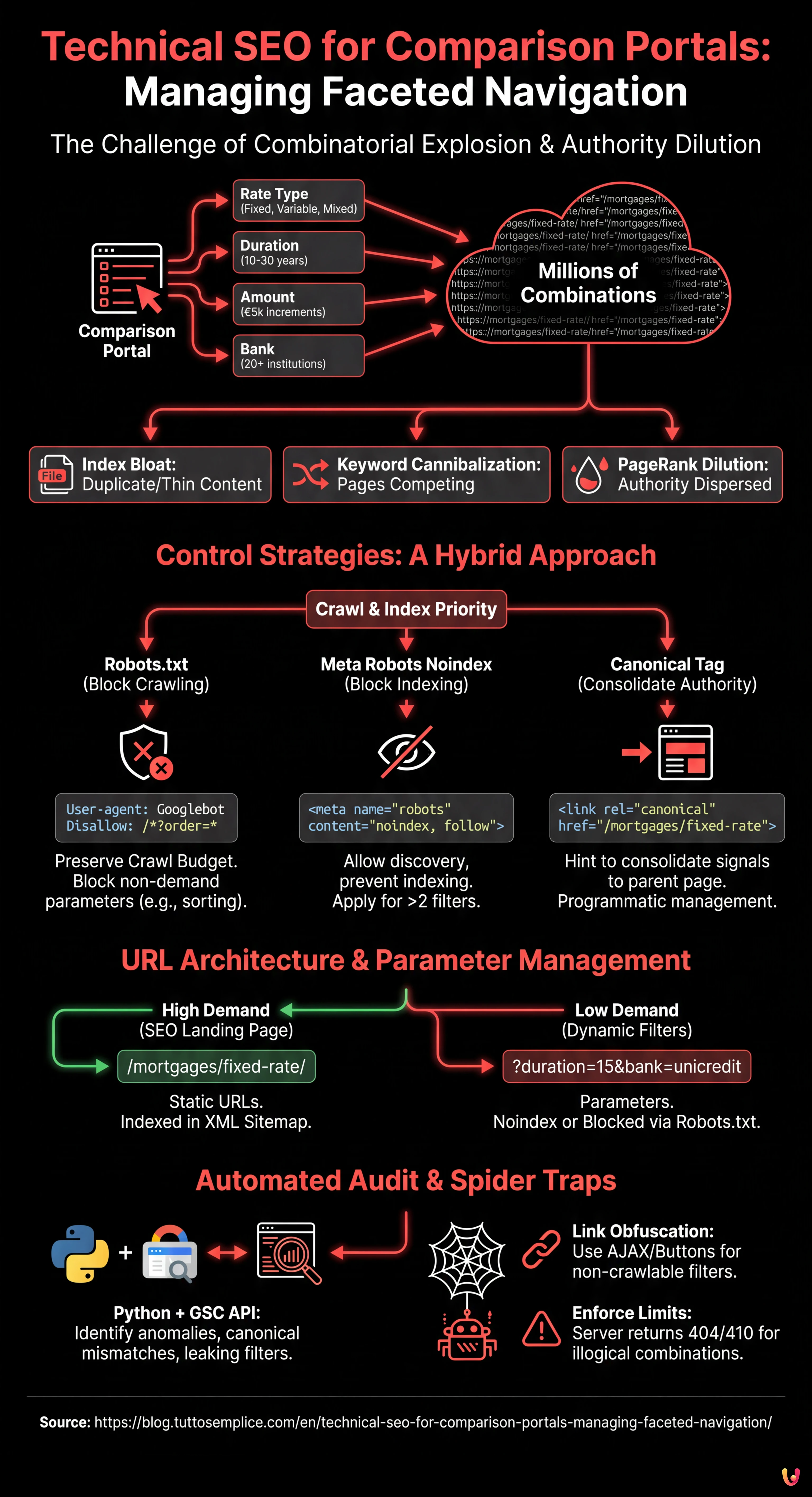 Technical SEO for Comparison Portals: Managing Faceted Navigation - Summary Infographic