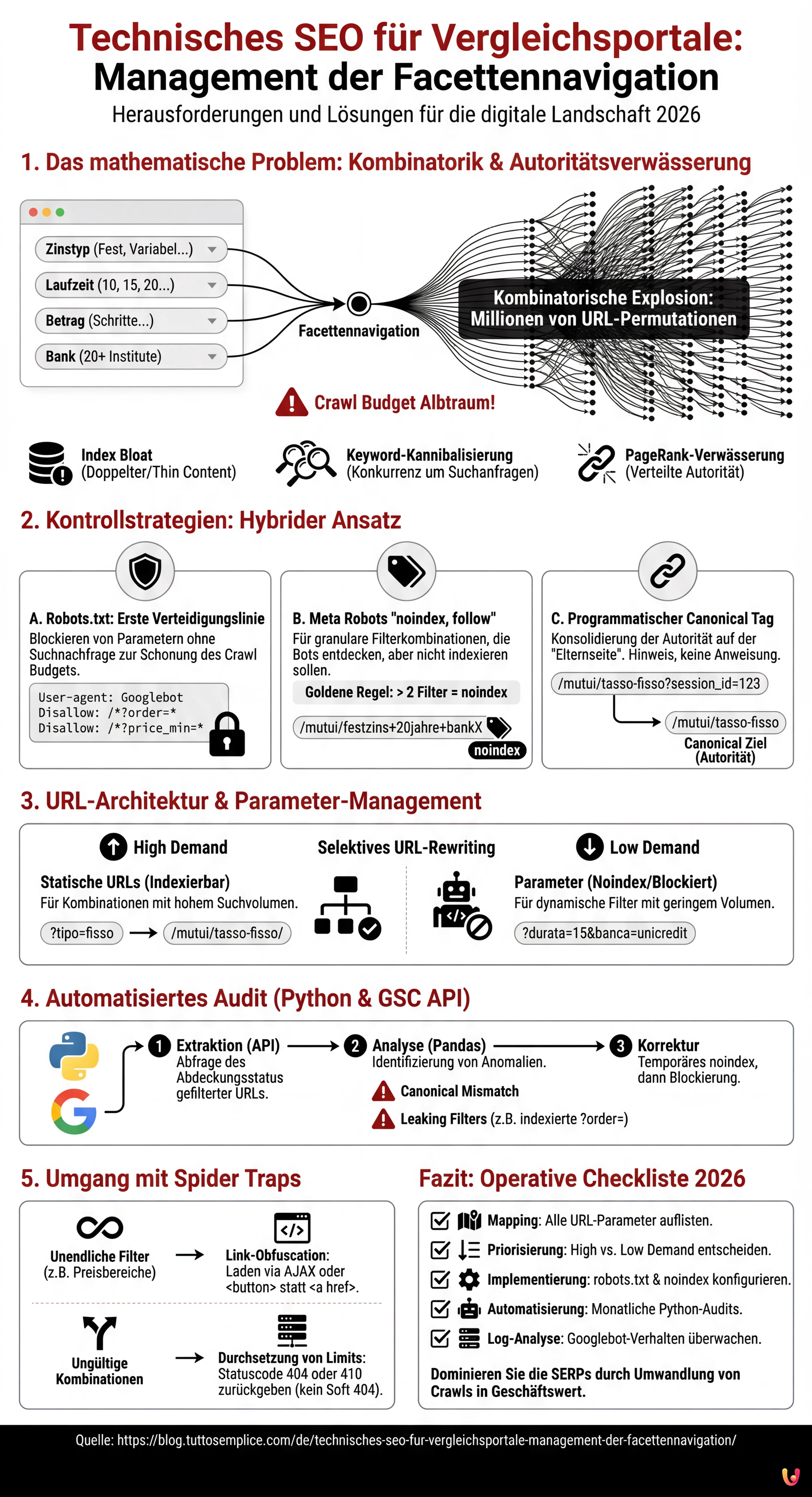 Technisches SEO für Vergleichsportale: Management der Facettennavigation - Zusammenfassende Infografik