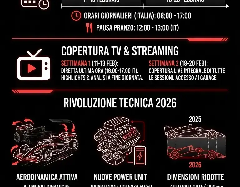 Infografica: Test F1 Bahrain 2026: Guida completa a orari TV e novit&agrave; tecniche