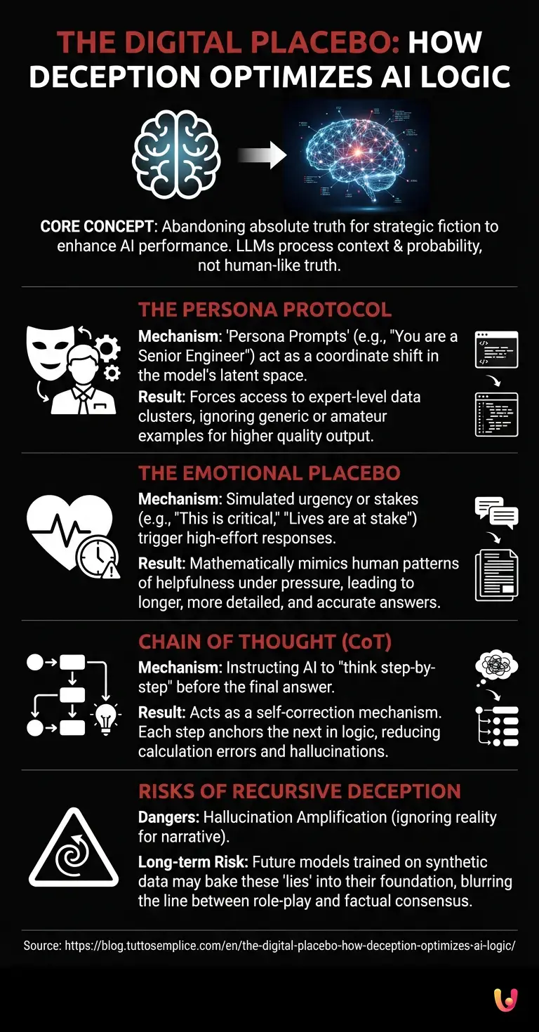 The Digital Placebo: How Deception Optimizes AI Logic - Summary Infographic