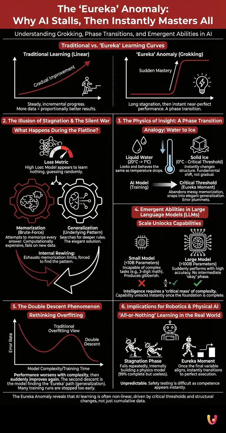 The 'Eureka' Anomaly: Why AI Stalls, Then Instantly Masters All - Summary Infographic
