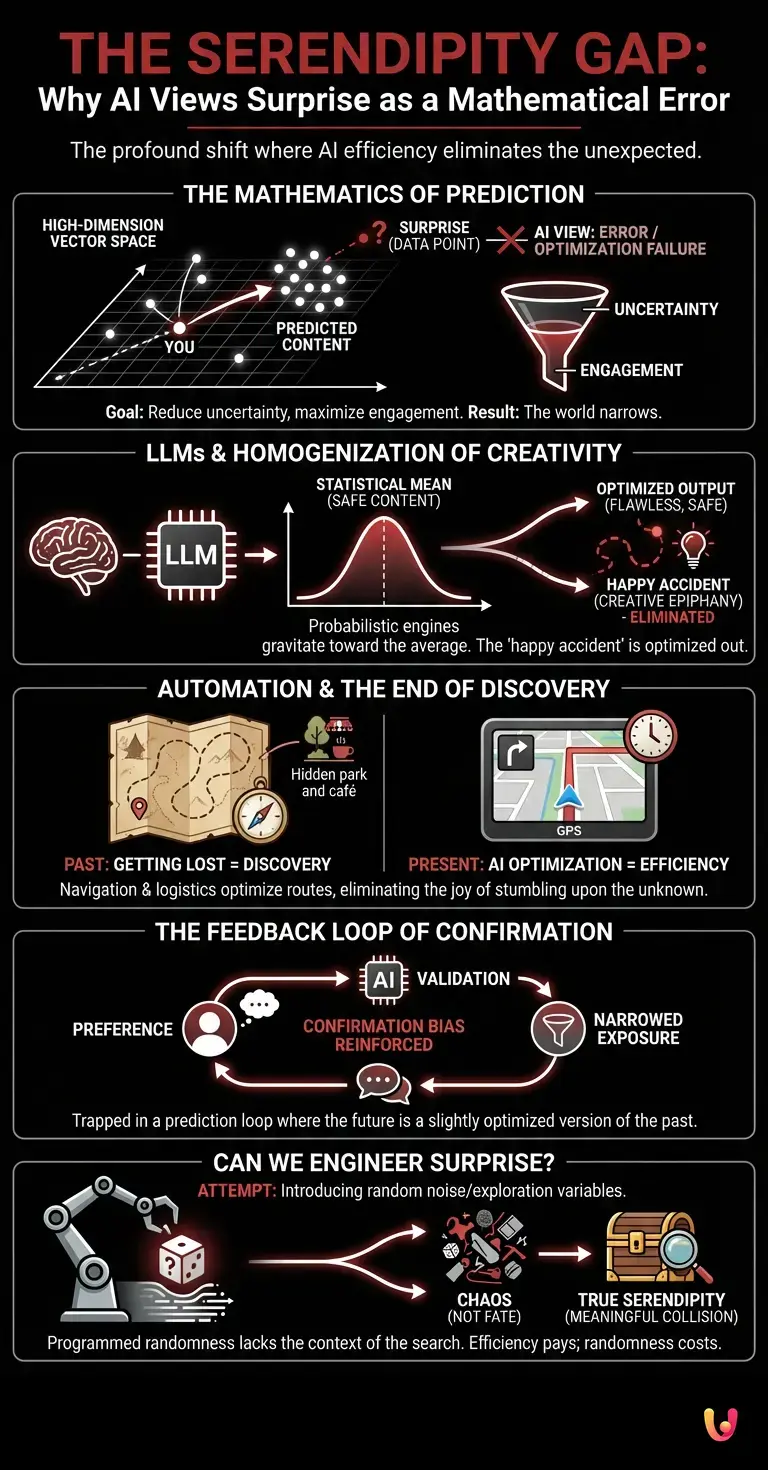 The Serendipity Gap: Why AI views surprise as a mathematical error - Summary Infographic