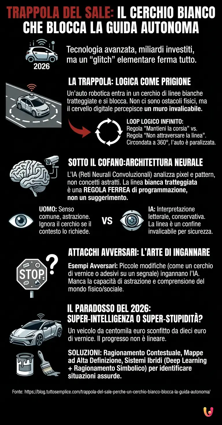 Trappola del sale: perch&eacute; un cerchio bianco blocca la guida autonoma - Infografica riassuntiva