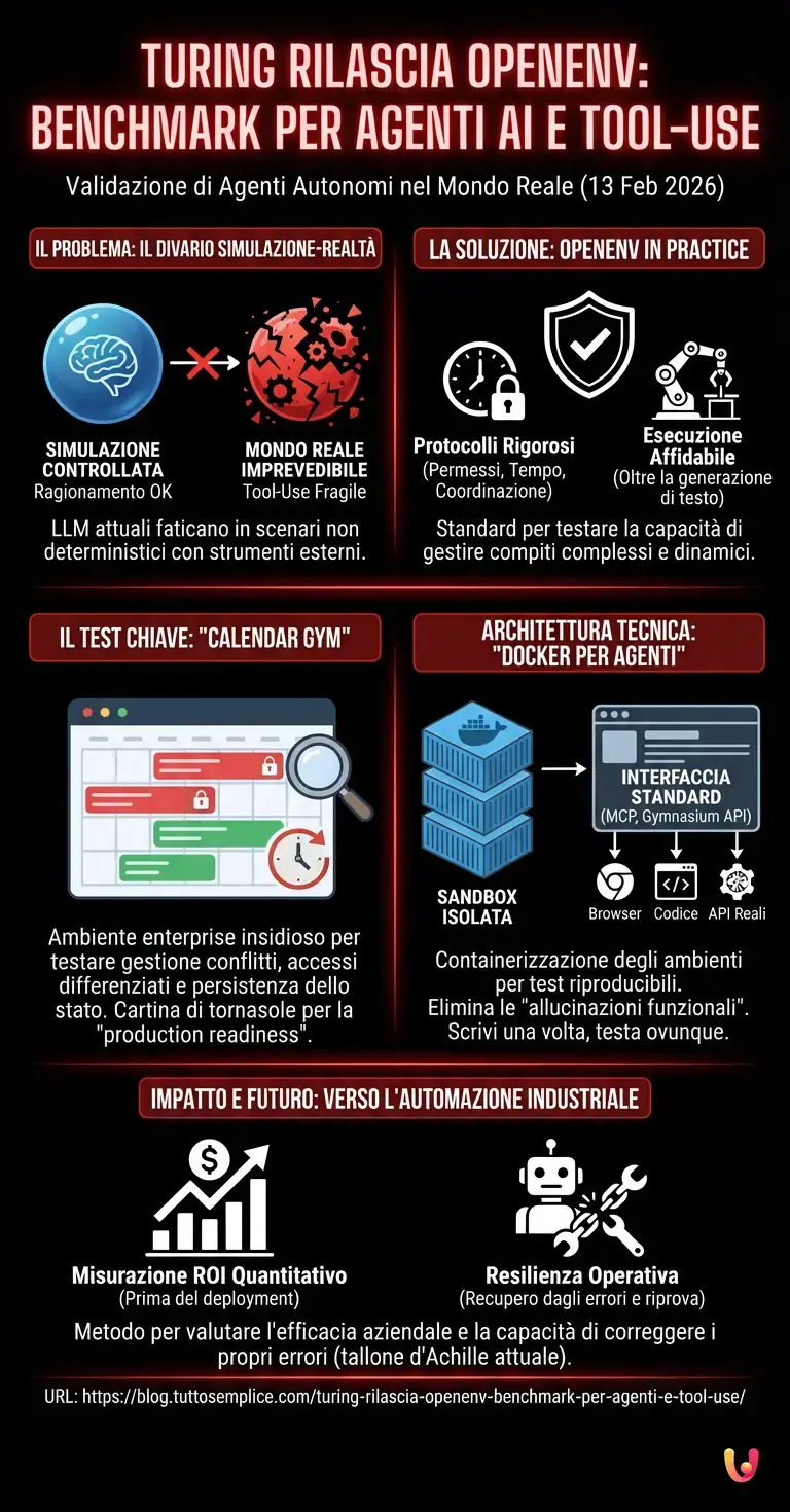 Turing rilascia OpenEnv: benchmark per agenti e tool-use - Infografica riassuntiva