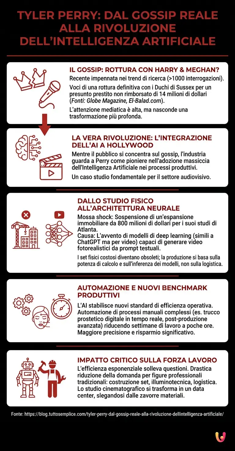 Tyler Perry: Dal Gossip Reale alla Rivoluzione dell'Intelligenza Artificiale - Infografica riassuntiva