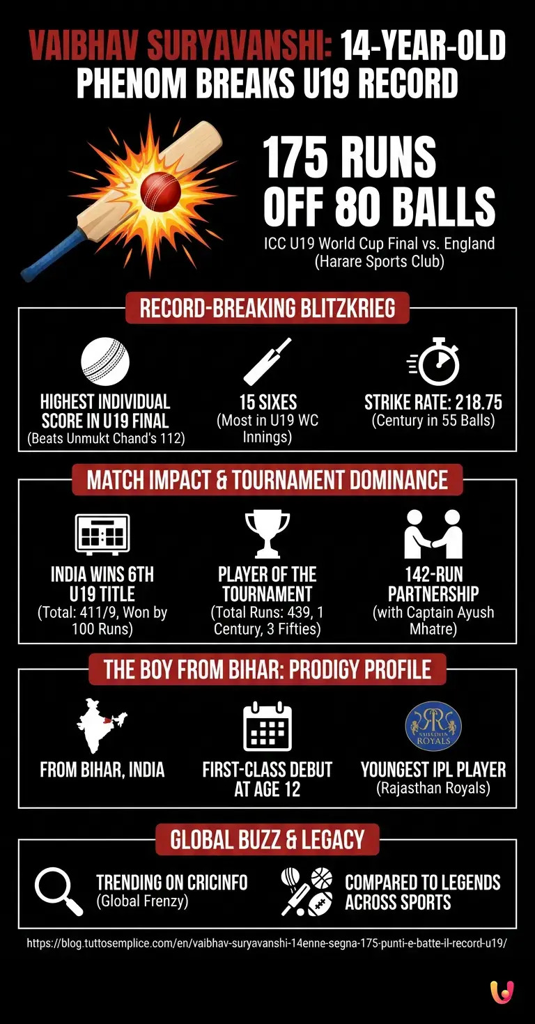 Vaibhav Suryavanshi: 14enne Segna 175 Punti e Batte il Record U19 - Summary Infographic