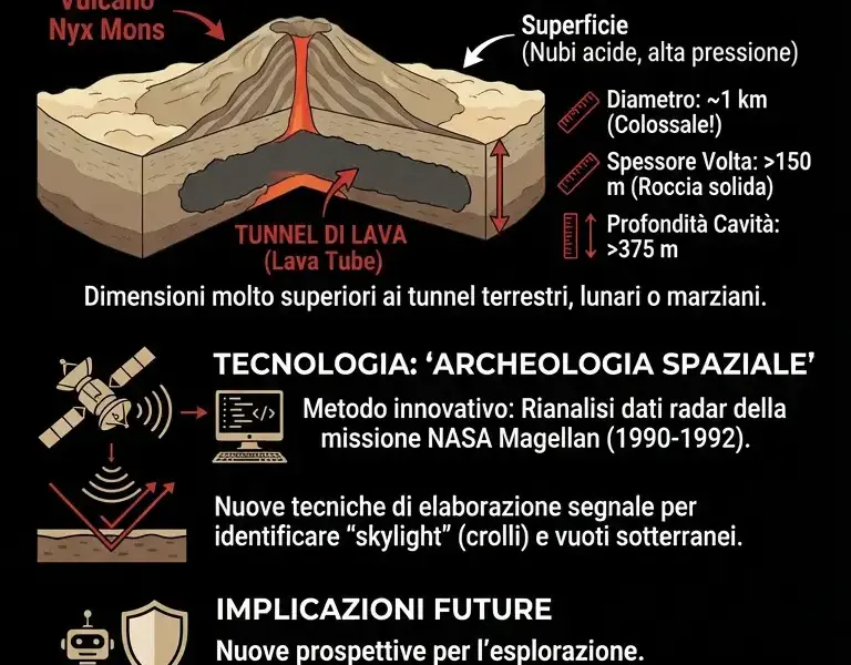 Infografica: Venere: l'Universit&agrave; di Trento scopre un tunnel di lava sotterraneo
