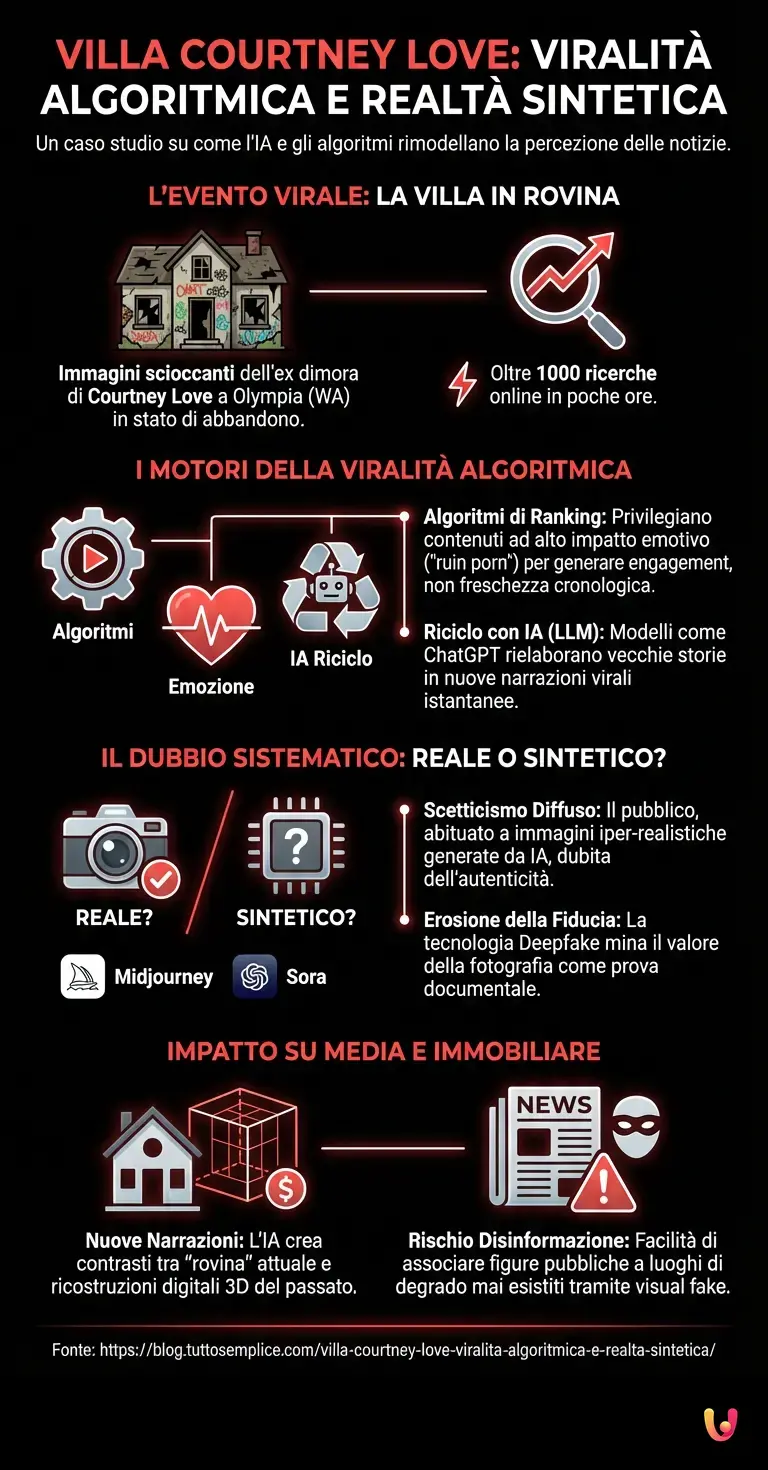 Villa Courtney Love: viralità algoritmica e realtà sintetica - Infografica riassuntiva
